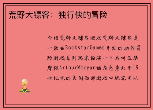 荒野大镖客：独行侠的冒险